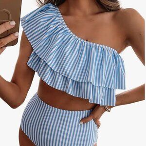 NWT Blue/White Stripe Ruffle One Shoulder Swimsuit for Women - Size S